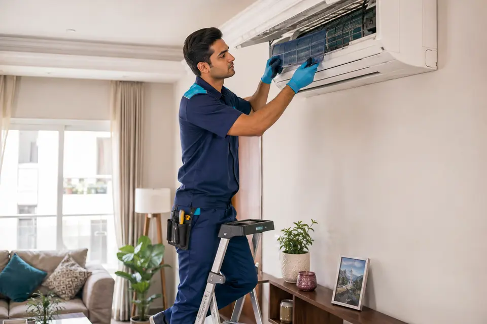 Coolfix+ technician servicing a wall-mounted split air conditioner