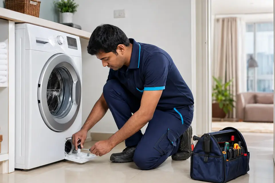 Coolfix+ technician repairing a front-load washing machine
